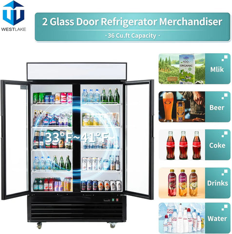 Commercial Refrigerator 2 Glass Door, WESTLAKE 48" W Merchandiser Reach-in Cooler Upright Fridge 36 Cu.ft for Restaurant, Bar, Shop, Retail