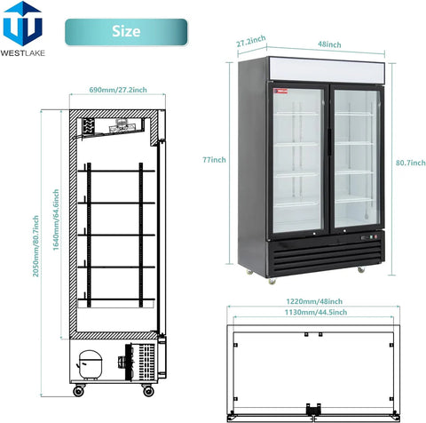 Commercial Refrigerator 2 Glass Door, WESTLAKE 48" W Merchandiser Reach-in Cooler Upright Fridge 36 Cu.ft for Restaurant, Bar, Shop, Retail