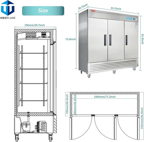 Westlake WKR-82B 3 door 82" Stainless Steel Reach in Upright Refrigerator 72 Cu. Ft.