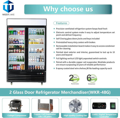 Commercial Refrigerator 2 Glass Door, WESTLAKE 48" W Merchandiser Reach-in Cooler Upright Fridge 36 Cu.ft for Restaurant, Bar, Shop, Retail