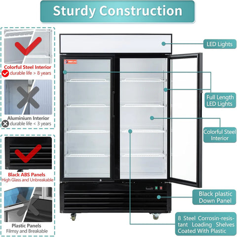 Commercial Refrigerator 2 Glass Door, WESTLAKE 48" W Merchandiser Reach-in Cooler Upright Fridge 36 Cu.ft for Restaurant, Bar, Shop, Retail