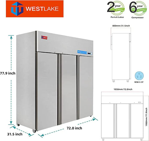 Westlake WK-72F 3 door 72" Stainless Steel Reach in Upright Freezer 57 Cu. Ft.