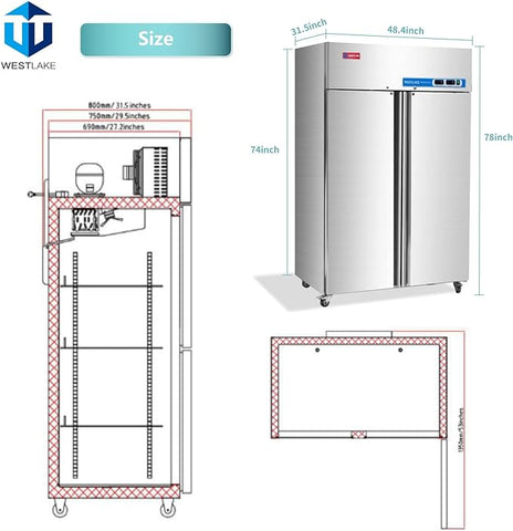 WESTLAKE Commercial Freezer 48"W 2 door 2 Section Stainless Steel Reach in Solid door Fan Cooling 36 Cu.ft Freezer for Restuarant, Bar, Shop, etc