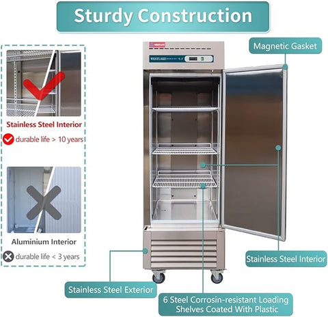 WESTLAKE Commercial Freezer 27"W Stainless Steel Reach-in Solid Single Door Upright Fan Cooling 23 Cu.ft Freezer for Restaurant, Bar, Shop, etc