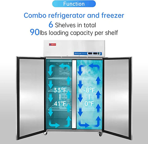 Westlake WK-48RF 48"Reach-in Double door COMBO Refrigerator and Freezer 36 Cu.Ft.