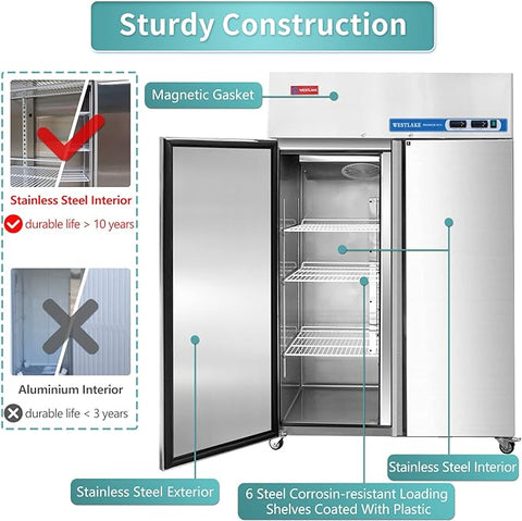 WESTLAKE Commercial Freezer 48"W 2 door 2 Section Stainless Steel Reach in Solid door Fan Cooling 36 Cu.ft Freezer for Restuarant, Bar, Shop, etc