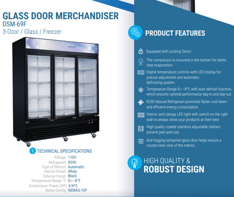 Dukers - DSM-69F Commercial 78"W 3 Glass Door Merchandiser Freezer