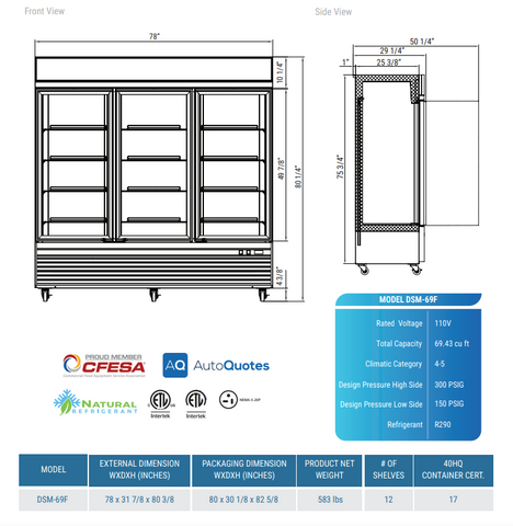 Dukers - DSM-69F Commercial 78"W 3 Glass Door Merchandiser Freezer