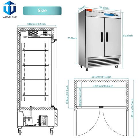 Westlake WKR-49B 54" Reach In Double Solid Door Refrigerator - 49 Cu. Ft