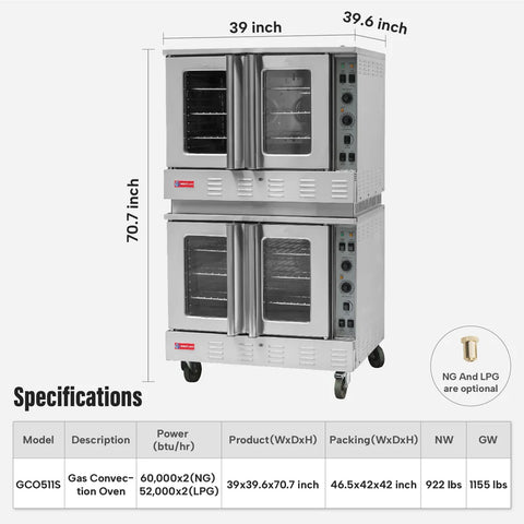 Commercial Convection Oven, WESTLAKE 39" Double Deck Full Size Commercial Gas Convection Oven with Legs - 120,000 BTU