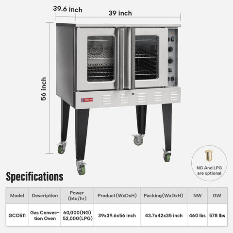 Commercial Convection Oven, WESTLAKE 39" Single Deck Full Size Commercial Gas Convection Oven with Legs - 60,000 BTU