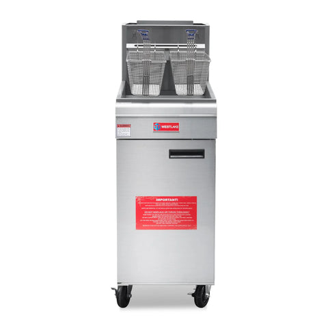 Commercial Deep Fryer, WESTLAKE 37-46 lb. Stainless Steel Commercial Gas Floor Fryer with Casters - 90,000 BTU