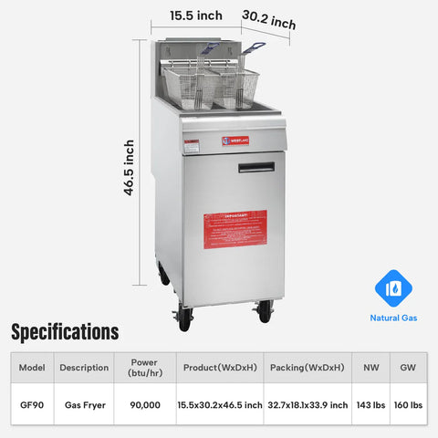 Commercial Deep Fryer, WESTLAKE 37-46 lb. Stainless Steel Commercial Gas Floor Fryer with Casters - 90,000 BTU