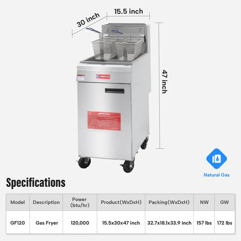 Commercial Deep Fryer, WESTLAKE 43-50 lb. Stainless Steel Commercial Gas Floor Fryer with Casters - 120,000 BTU