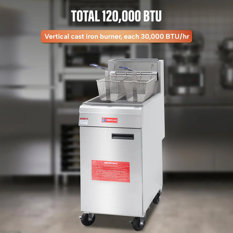 Commercial Deep Fryer, WESTLAKE 43-50 lb. Stainless Steel Commercial Gas Floor Fryer with Casters - 120,000 BTU