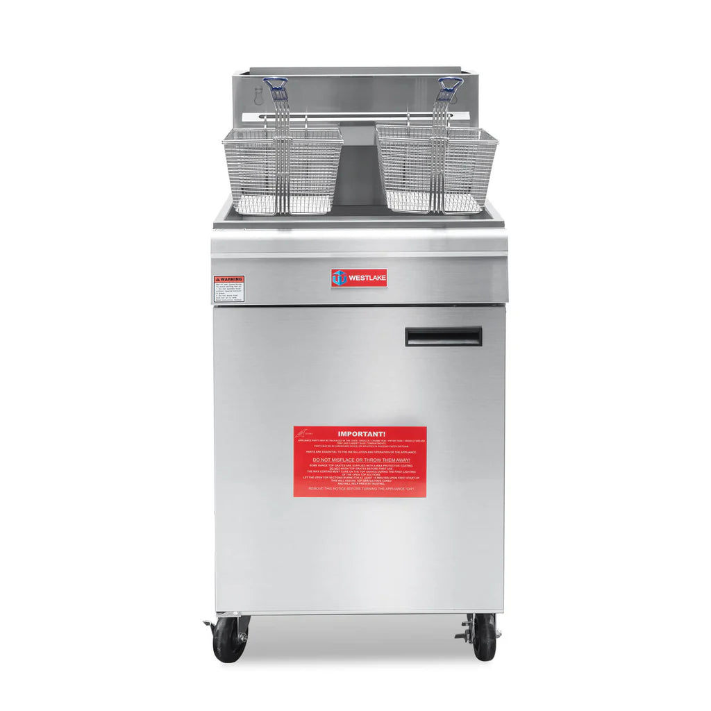 Commercial Deep Fryer, WESTLAKE 62-74 lb. Stainless Steel Commercial Gas Floor Fryer with Casters - 150,000 BTU