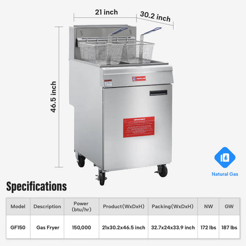 Commercial Deep Fryer, WESTLAKE 62-74 lb. Stainless Steel Commercial Gas Floor Fryer with Casters - 150,000 BTU