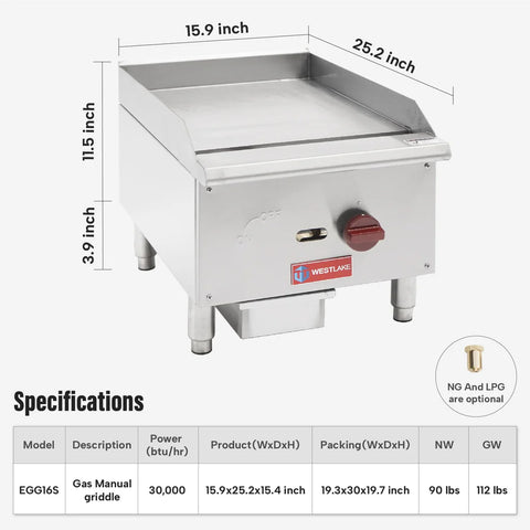 Commercial Gas Griddle, WESTLAKE 16" Countertop Griddle 1 Burner Plate Grill 30,000 BTU