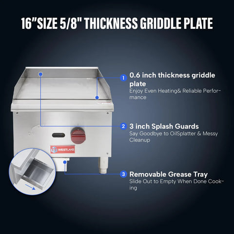 Commercial Gas Griddle, WESTLAKE 16" Countertop Griddle 1 Burner Plate Grill 30,000 BTU