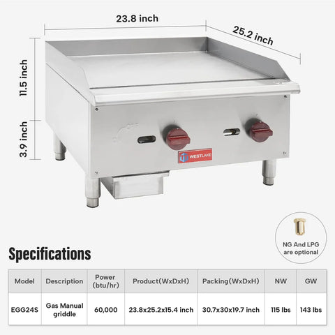 Commercial Gas Griddle, WESTLAKE 24" Countertop Griddle 2 Burner Plate Grill 60,000 BTU