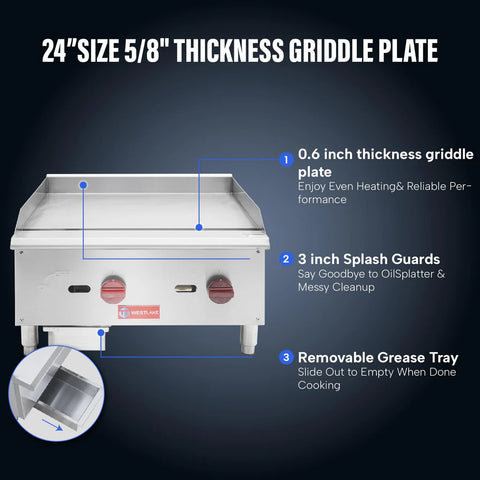 Commercial Gas Griddle, WESTLAKE 24" Countertop Griddle 2 Burner Plate Grill 60,000 BTU