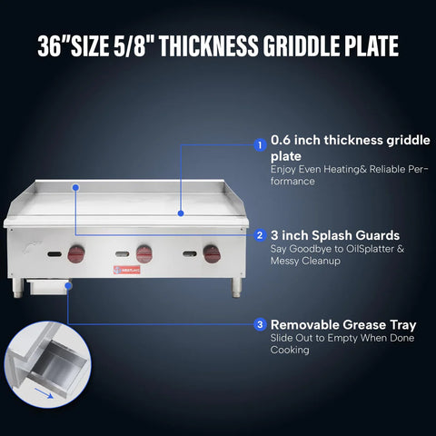 Commercial Gas Griddle, WESTLAKE 36" Countertop Griddle 3 Burner Plate Grill 90,000 BTU