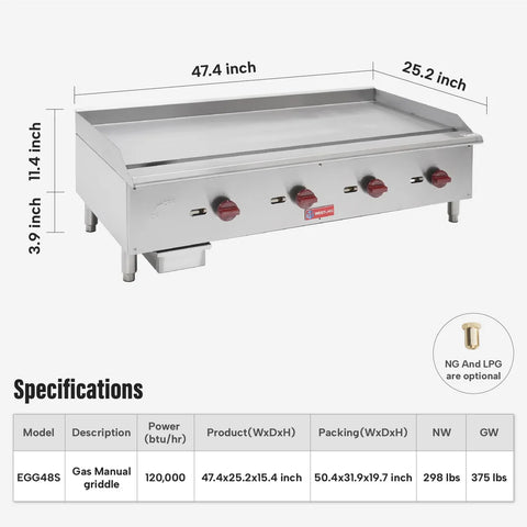 Commercial Gas Griddle, WESTLAKE 48" Countertop Griddle 4 Burner Plate Grill 120,000 BTU