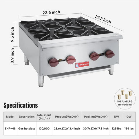 Commercial Hot Plate, WESTLAKE 24" Countertop Gas Range Restaurant 4 Burner Gas Stove with 100,000 BTU