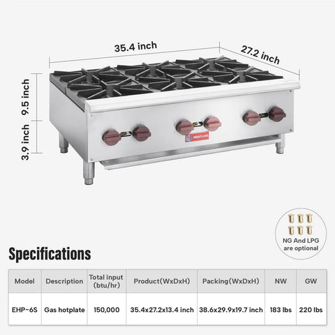 Commercial Hot Plate, WESTLAKE 36" Countertop Gas Range Restaurant 6 Burner Gas Stove with 150,000 BTU