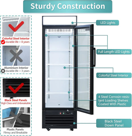 Commercial Refrigerator 1 Glass Door, WESTLAKE 24" W Merchandiser Reach-in Cooler Upright Fridge 13 Cu.ft for Restaurant, Bar, Shop, Retail