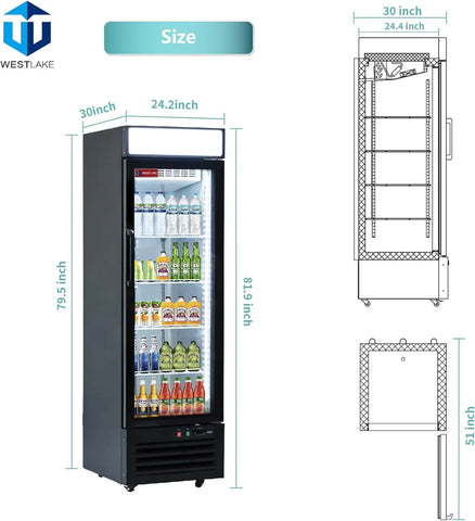 Commercial Refrigerator 1 Glass Door, WESTLAKE 24" W Merchandiser Reach-in Cooler Upright Fridge 13 Cu.ft for Restaurant, Bar, Shop, Retail