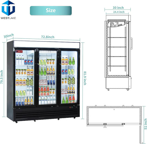 Commercial Refrigerator 3 Glass Door, WESTLAKE 72" W Merchandiser Reach-in Cooler Upright Fridge 54 Cu.ft for Restaurant, Bar, Shop, Retail