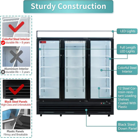 Commercial Refrigerator 3 Glass Door, WESTLAKE 72" W Merchandiser Reach-in Cooler Upright Fridge 54 Cu.ft for Restaurant, Bar, Shop, Retail