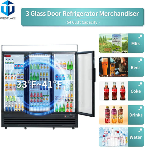 Commercial Refrigerator 3 Glass Door, WESTLAKE 72" W Merchandiser Reach-in Cooler Upright Fridge 54 Cu.ft for Restaurant, Bar, Shop, Retail