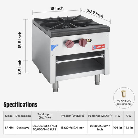 Commercial Stock Pot Range, WESTLAKE 18" Countertop Gas Stock Pot Burner, 1 Burner Stock Pot Stove - 80,000 BTU