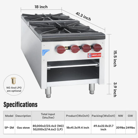 Commercial Stock Pot Range, WESTLAKE 18" Countertop Gas Stock Pot Burner, 2 Burner Stock Pot Stove - 160,000 BTU