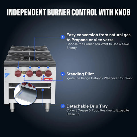 Commercial Stock Pot Range, WESTLAKE 18" Countertop Gas Stock Pot Burner, 2 Burner Stock Pot Stove - 160,000 BTU