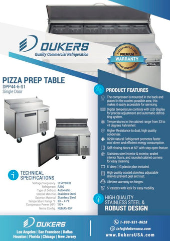 Dukers DPP44-6-S1 Commercial Single Door Pizza Prep Table Refrigerator