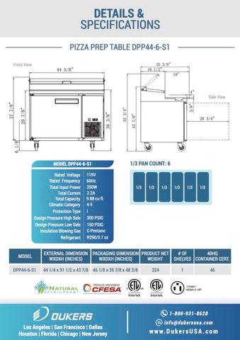 Dukers DPP44-6-S1 Commercial Single Door Pizza Prep Table Refrigerator