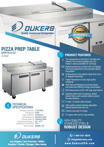 Dukers DPP70-9-S2 Commercial 2-Door Pizza Prep Table Refrigerator