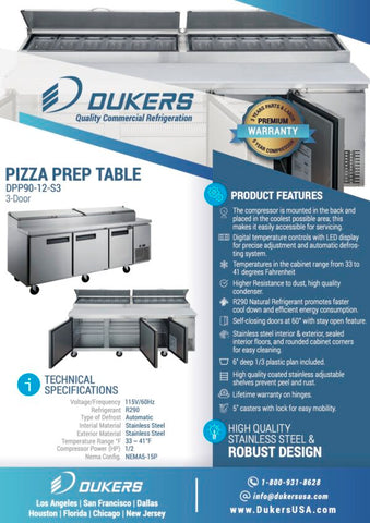 Dukers DPP90-12-S3 Commercial 3-Door Pizza Prep Table Refrigerator