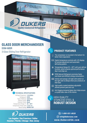 Dukers DSM-68SR Commercial Glass SLIDING 3-Door Refrigerator 69 Cu. Ft.