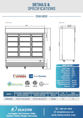 Dukers DSM-68SR Commercial Glass SLIDING 3-Door Refrigerator 69 Cu. Ft.