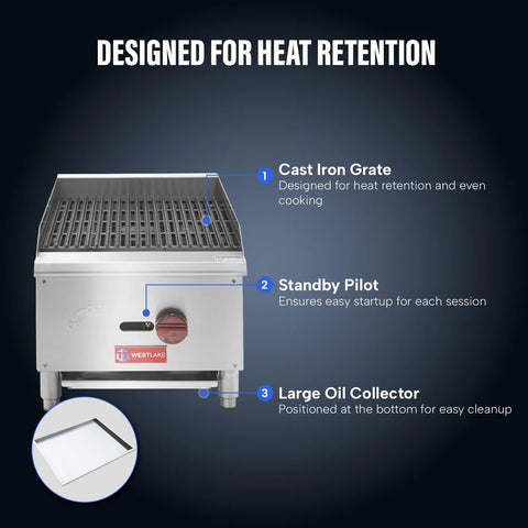 Commercial Charbroiler, WESTLAKE 16" Gas Countertop Radiant Charbroiler 1 Burner Char Broiler - 30,000 BTU