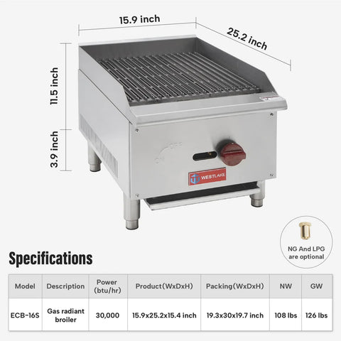 Commercial Charbroiler, WESTLAKE 16" Gas Countertop Radiant Charbroiler 1 Burner Char Broiler - 30,000 BTU