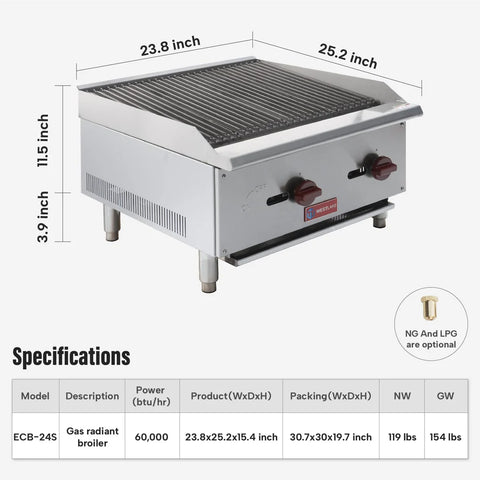 Commercial Charbroiler, WESTLAKE 24" Gas Countertop Radiant Charbroiler 2 Burner Char Broiler- 60,000 BTU