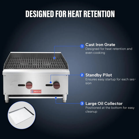 Commercial Charbroiler, WESTLAKE 24" Gas Countertop Radiant Charbroiler 2 Burner Char Broiler- 60,000 BTU