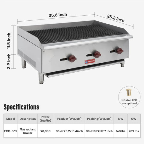 Commercial Charbroiler, WESTLAKE 36" Gas Countertop Radiant Charbroiler 3 Burner Char Broiler- 90,000 BTU