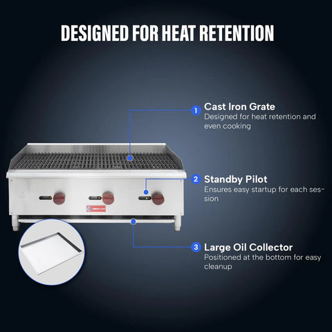 Commercial Charbroiler, WESTLAKE 36" Gas Countertop Radiant Charbroiler 3 Burner Char Broiler- 90,000 BTU