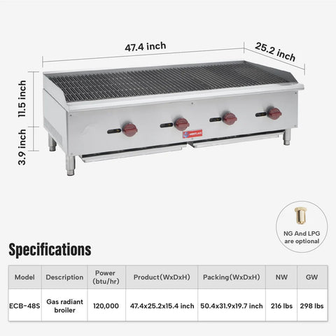 Commercial Charbroiler, WESTLAKE 48" Gas Countertop Radiant Charbroiler 4 Burner Char Broiler - 120,000 BTU